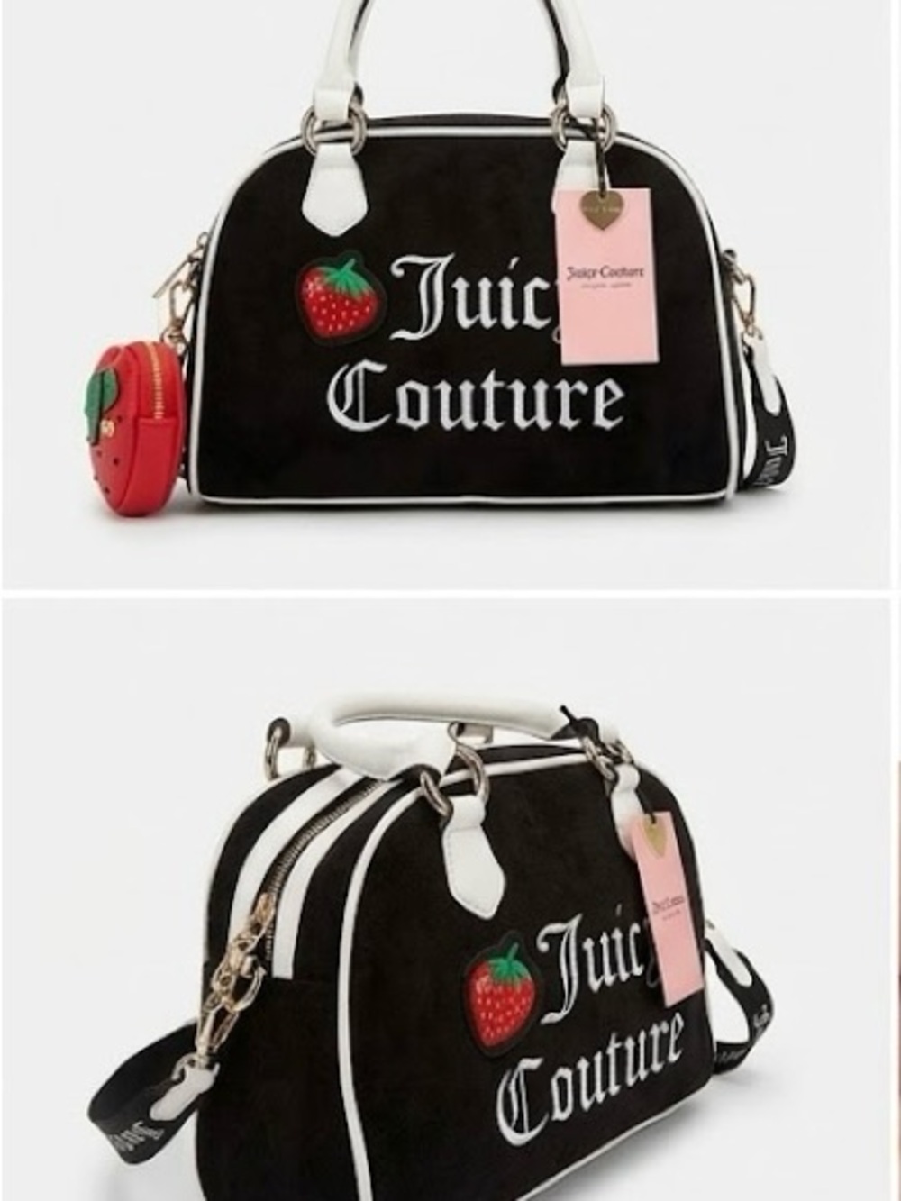 NWT Exclusive Juicy Couture Black Satchel w/ Strawberry Coin Purse & White Trim!